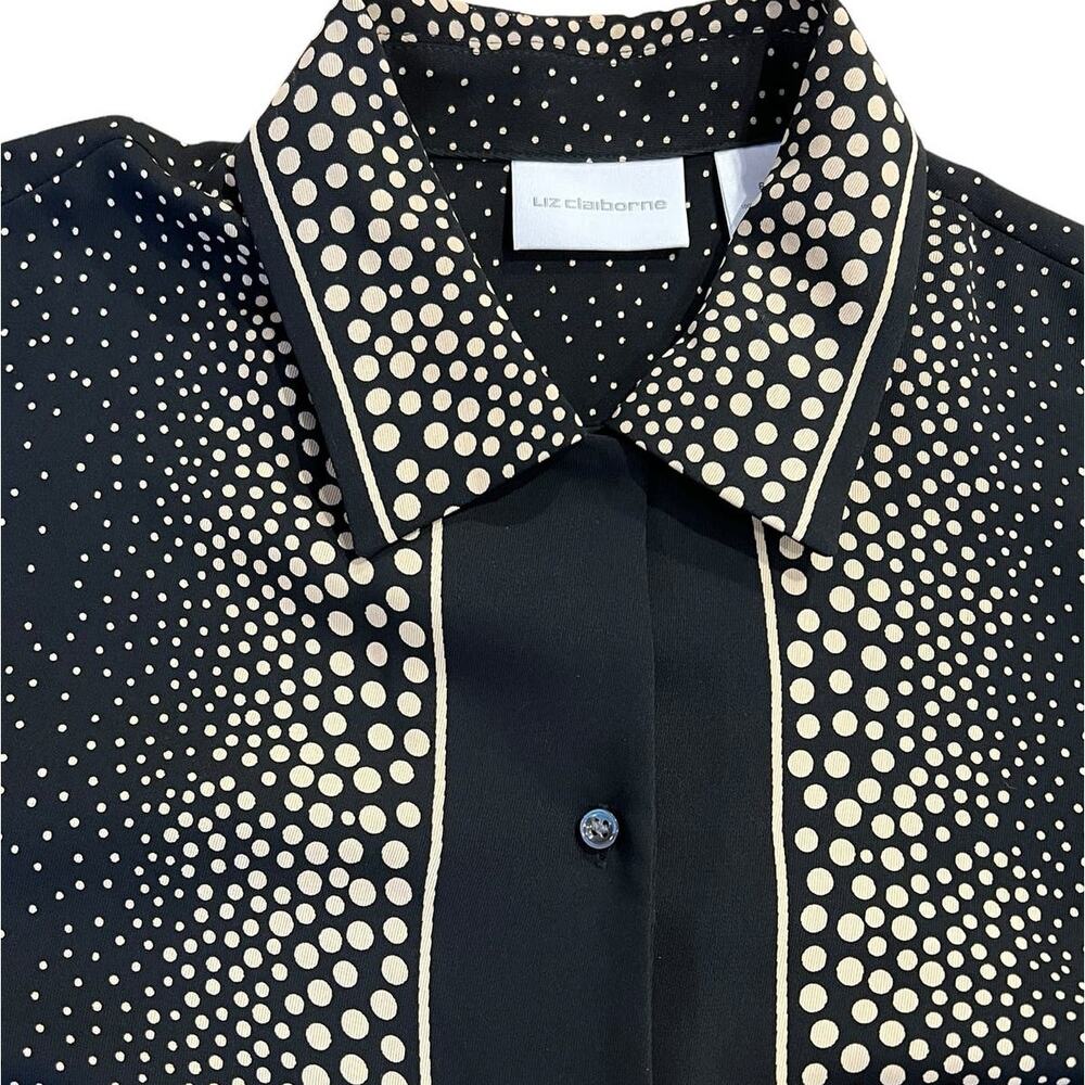 Liz Claiborne Black w/Cream Polka-dot Button-up Blouse 3/4 Sleeve Woman's Size 8
